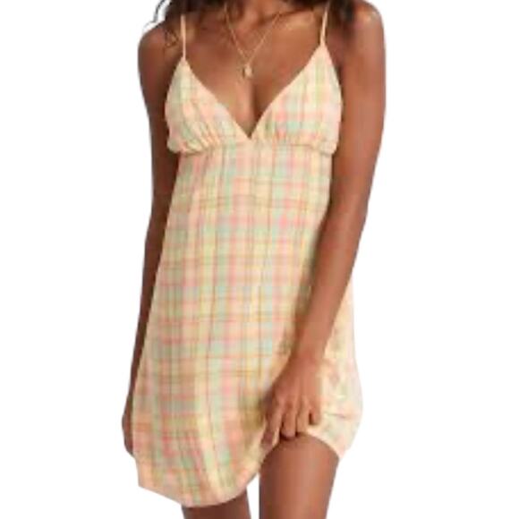Billabong Just Add Sun Yellow Plaid Spaghetti Strap Summer Beach Dress Large NWT - Picture 1 of 9